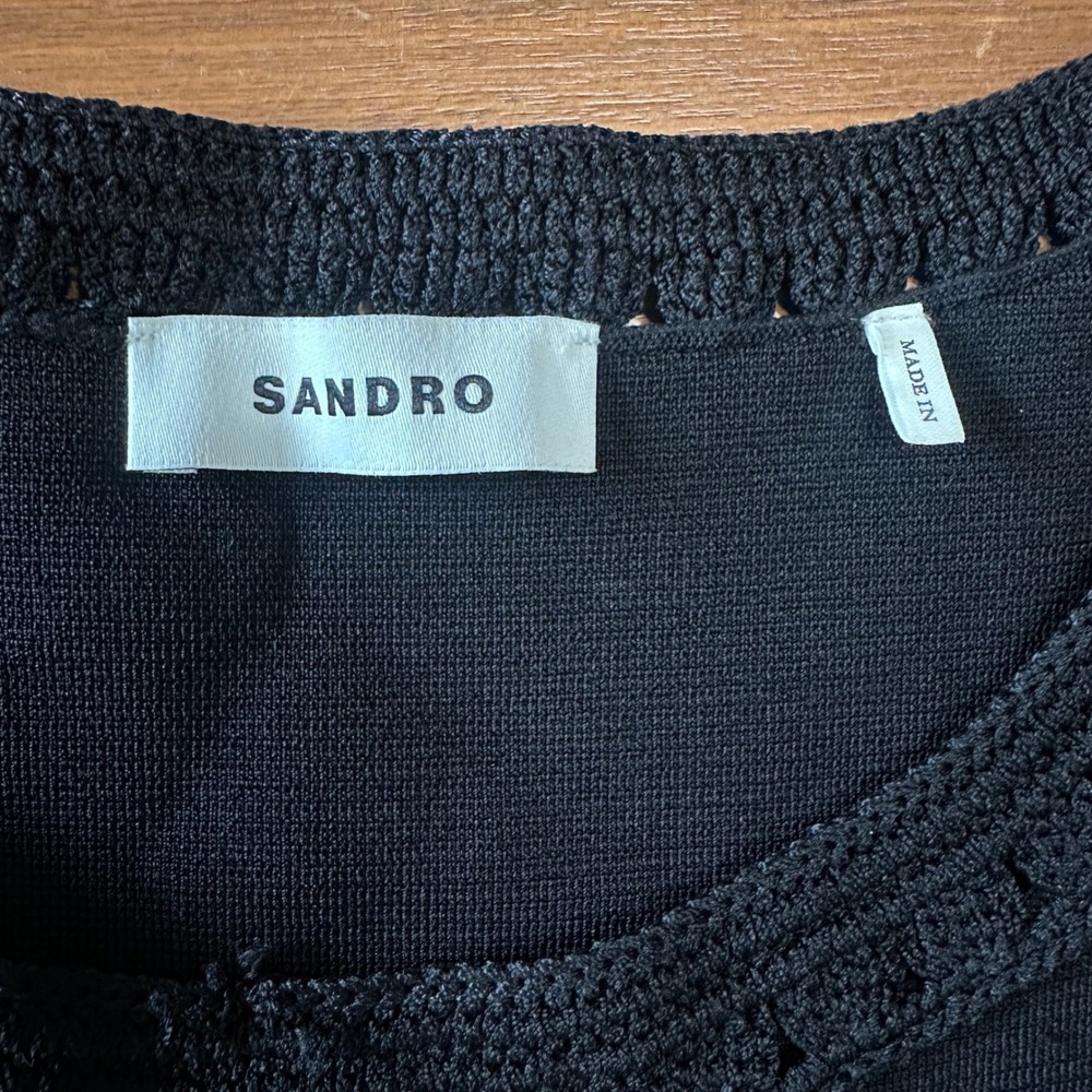 Sandro Crochet Fringe Black Resort Concert Midi Knit Dress, Cocktail LBD Large/8 - Picture 12 of 16